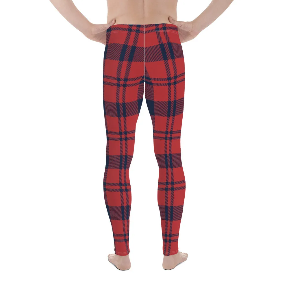 Red Black Plaid Print Meggings, Preppy Classic Plaid Print Designer Premium Men's Leggings Tights - Made in USA/EU/MX