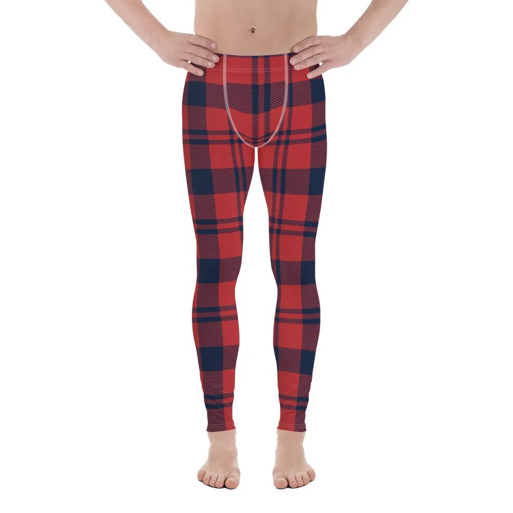 Red Black Plaid Print Meggings, Preppy Classic Plaid Print Designer Premium Men's Leggings Tights - Made in USA/EU/MX