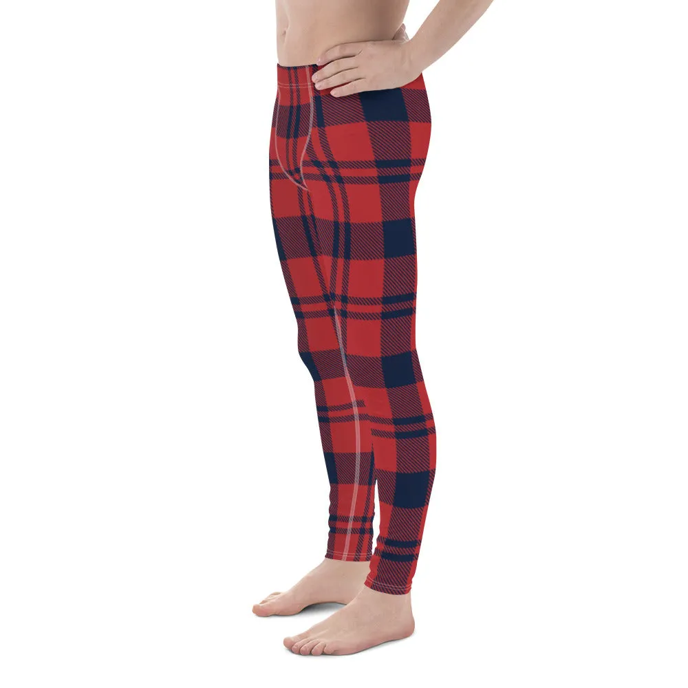 Red Black Plaid Print Meggings, Preppy Classic Plaid Print Designer Premium Men's Leggings Tights - Made in USA/EU/MX