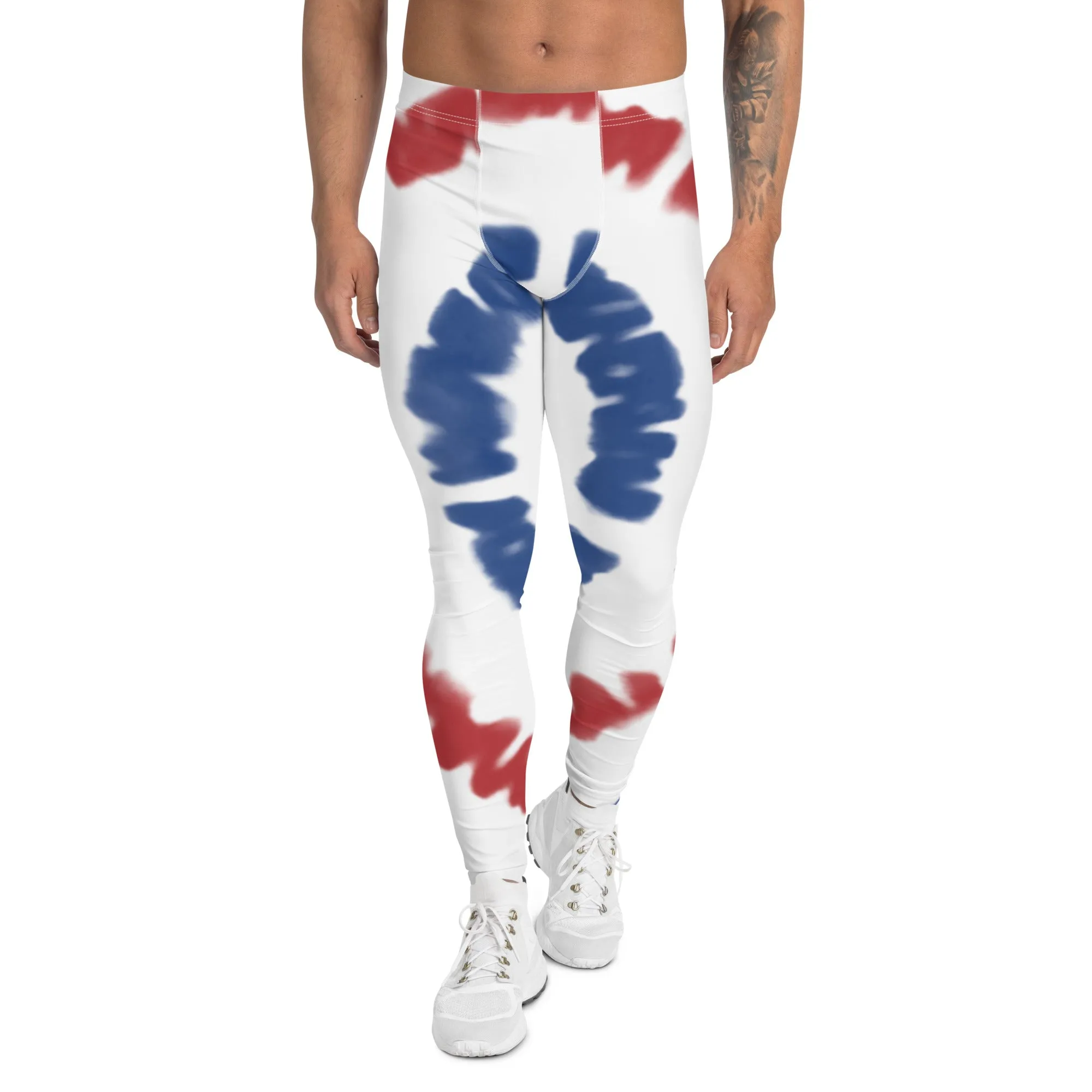 Red Blue Tie Dye Meggings, Best July 4th Men's Costume Party Leggings For Men-Made in USA/EU/MX