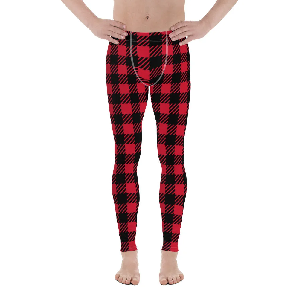 Red Plaid Printed Men's Leggings, Plaid Printed Meggings Christmas Style Compression Tights For Men-Made in USA/EU