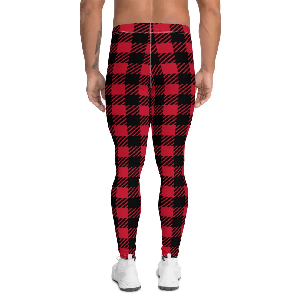 Red Plaid Printed Men's Leggings, Plaid Printed Meggings Christmas Style Compression Tights For Men-Made in USA/EU