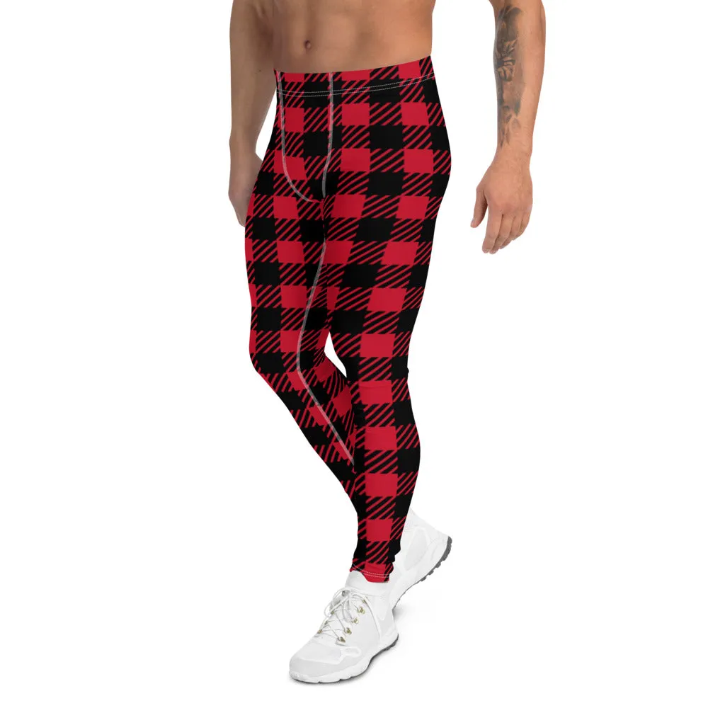 Red Plaid Printed Men's Leggings, Plaid Printed Meggings Christmas Style Compression Tights For Men-Made in USA/EU