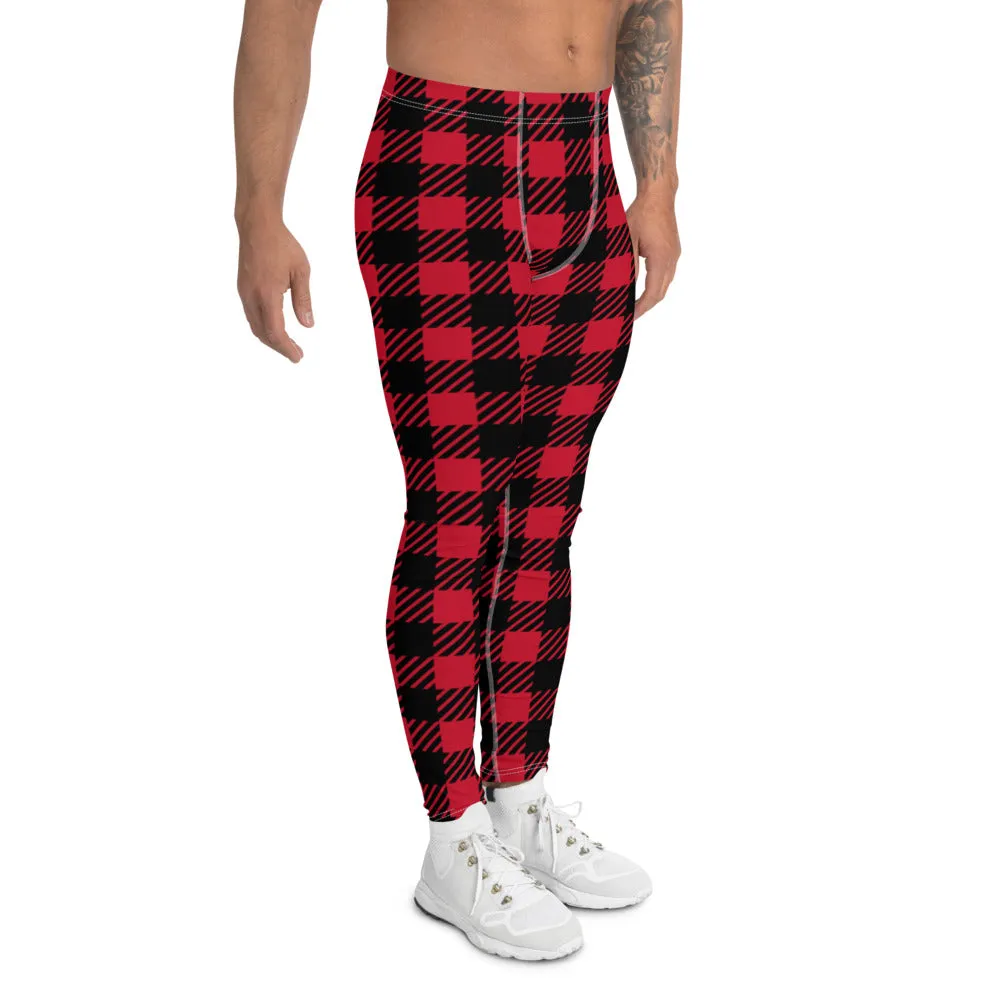 Red Plaid Printed Men's Leggings, Plaid Printed Meggings Christmas Style Compression Tights For Men-Made in USA/EU