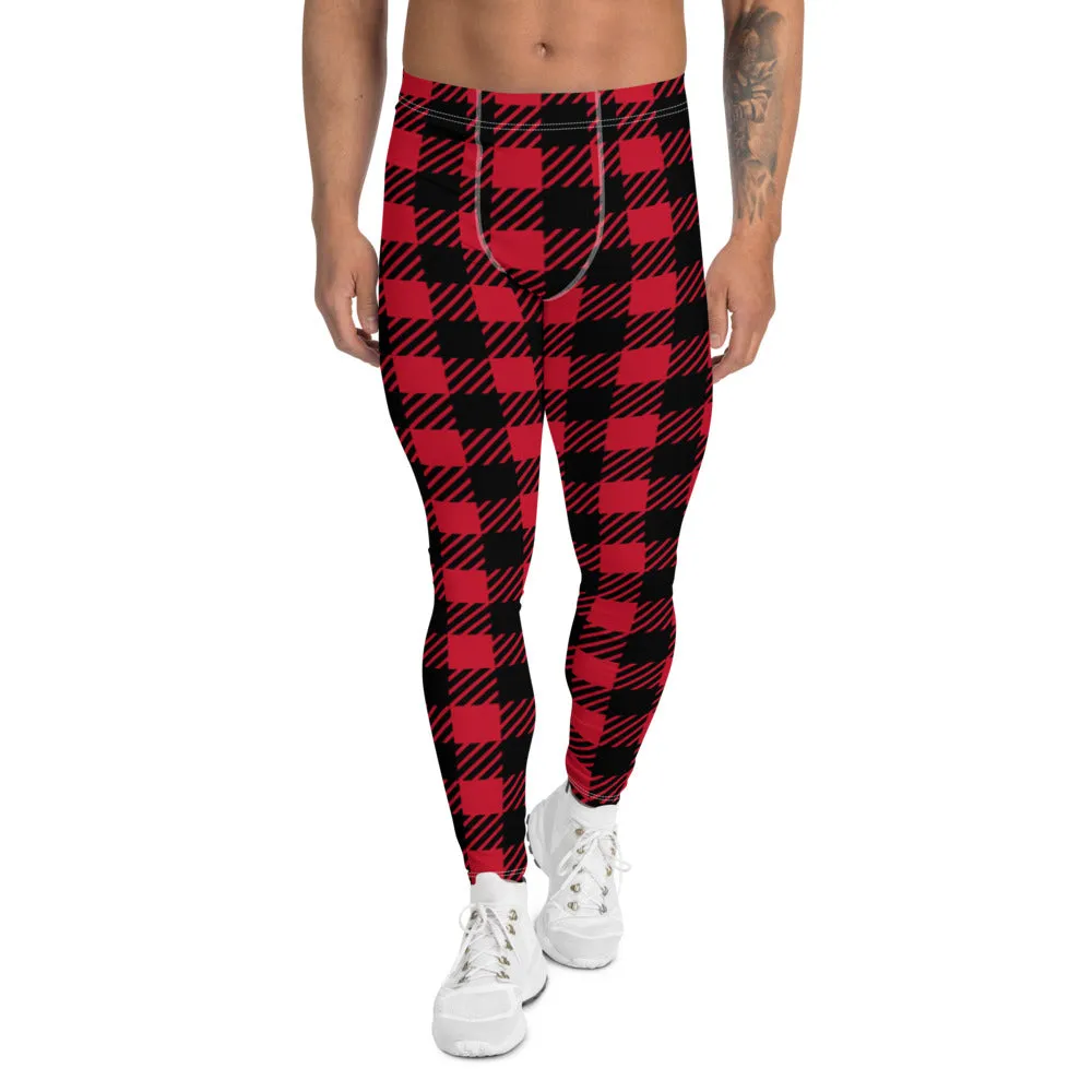 Red Plaid Printed Men's Leggings, Plaid Printed Meggings Christmas Style Compression Tights For Men-Made in USA/EU