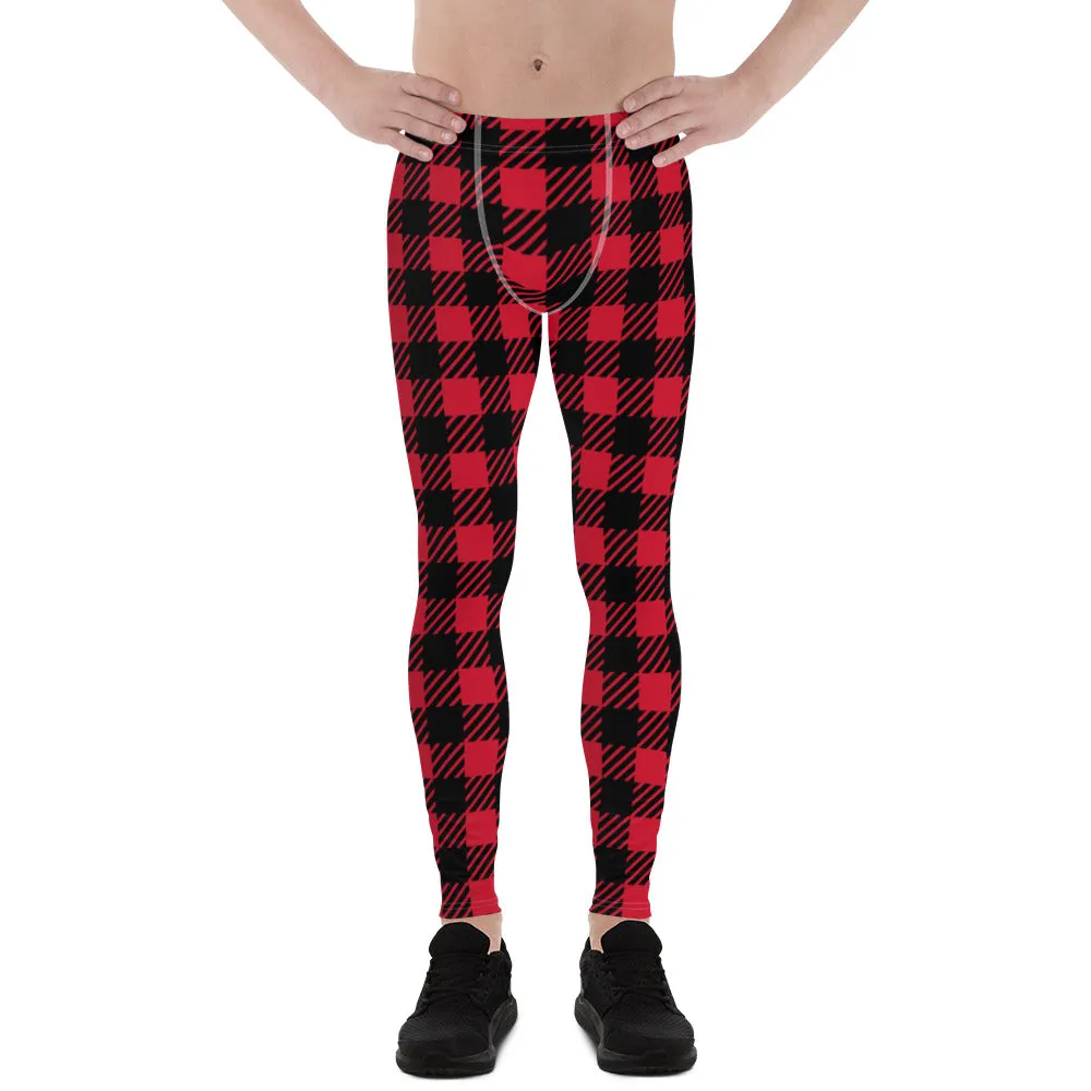 Red Plaid Printed Men's Leggings, Plaid Printed Meggings Christmas Style Compression Tights For Men-Made in USA/EU