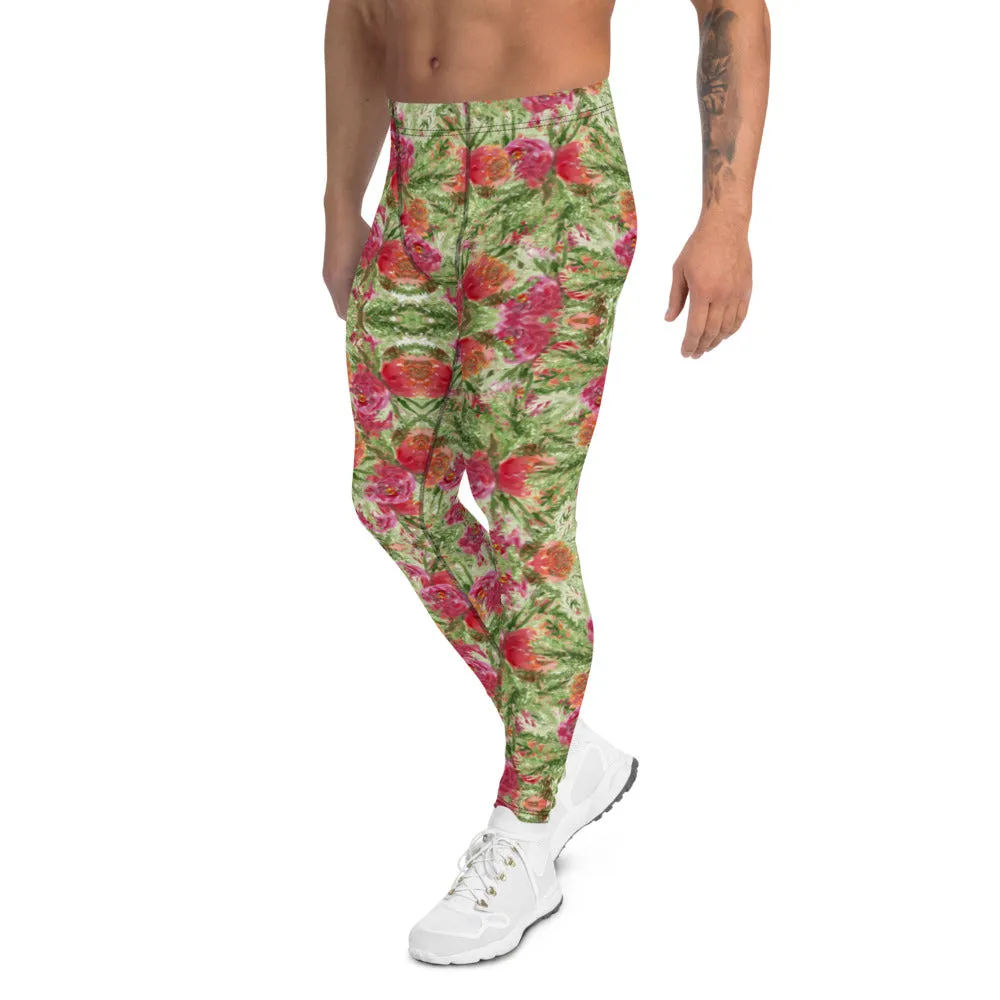 Red Rose Floral Men's Leggings, Colorful Flower Print Running Tights For Men-Made in USA/EU