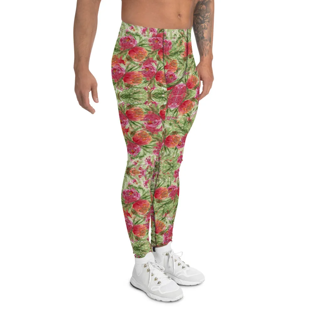 Red Rose Floral Men's Leggings, Colorful Flower Print Running Tights For Men-Made in USA/EU