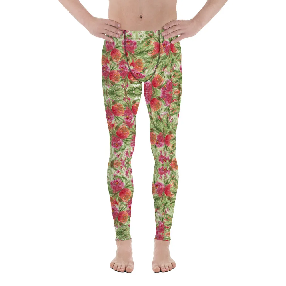 Red Rose Floral Men's Leggings, Colorful Flower Print Running Tights For Men-Made in USA/EU