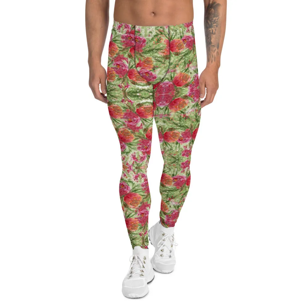 Red Rose Floral Men's Leggings, Colorful Flower Print Running Tights For Men-Made in USA/EU