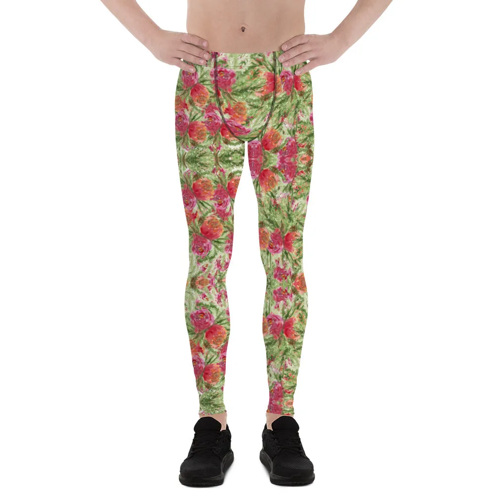 Red Rose Floral Men's Leggings, Colorful Flower Print Running Tights For Men-Made in USA/EU