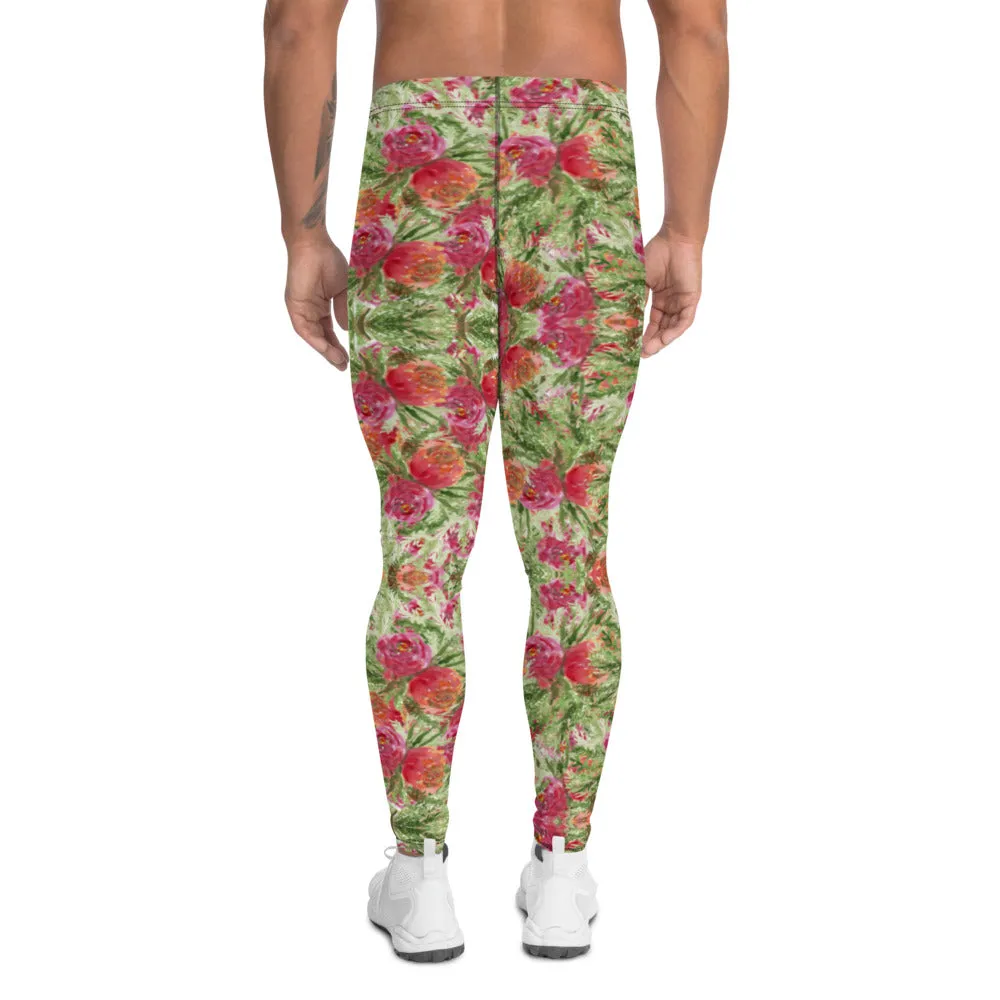 Red Rose Floral Men's Leggings, Colorful Flower Print Running Tights For Men-Made in USA/EU