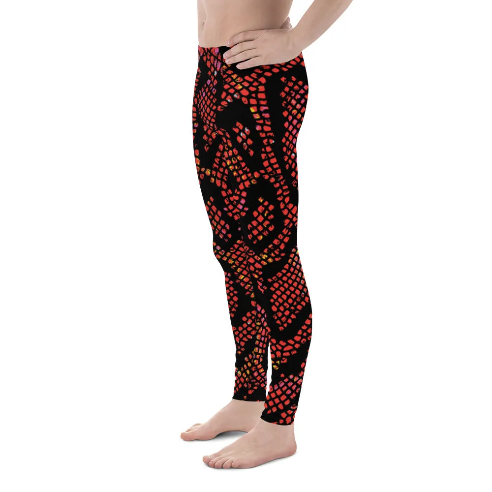 Red Snake Skin Print Meggings, Best Men's Leggings Designer Running Tights- Made in USA/EU/MX