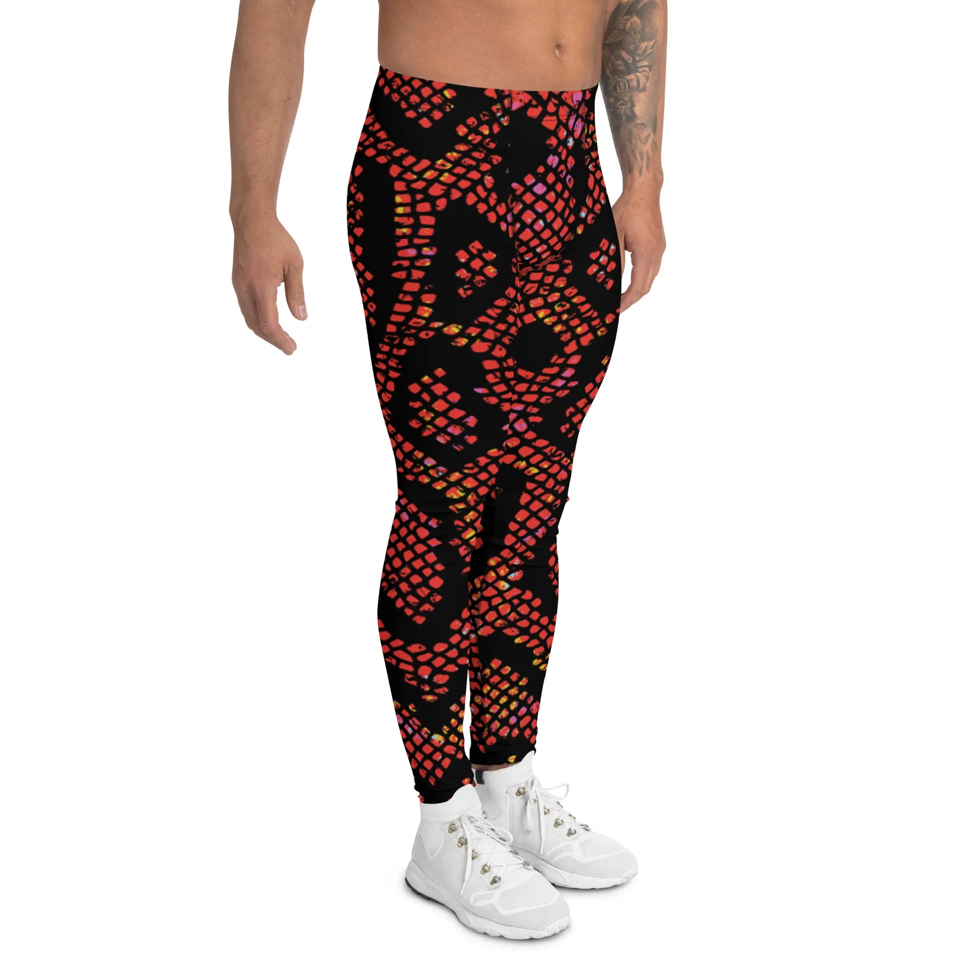 Red Snake Skin Print Meggings, Best Men's Leggings Designer Running Tights- Made in USA/EU/MX