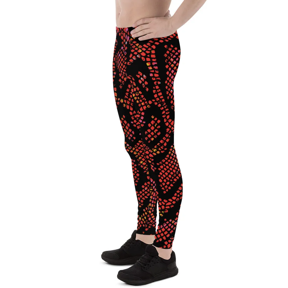 Red Snake Skin Print Meggings, Best Men's Leggings Designer Running Tights- Made in USA/EU/MX