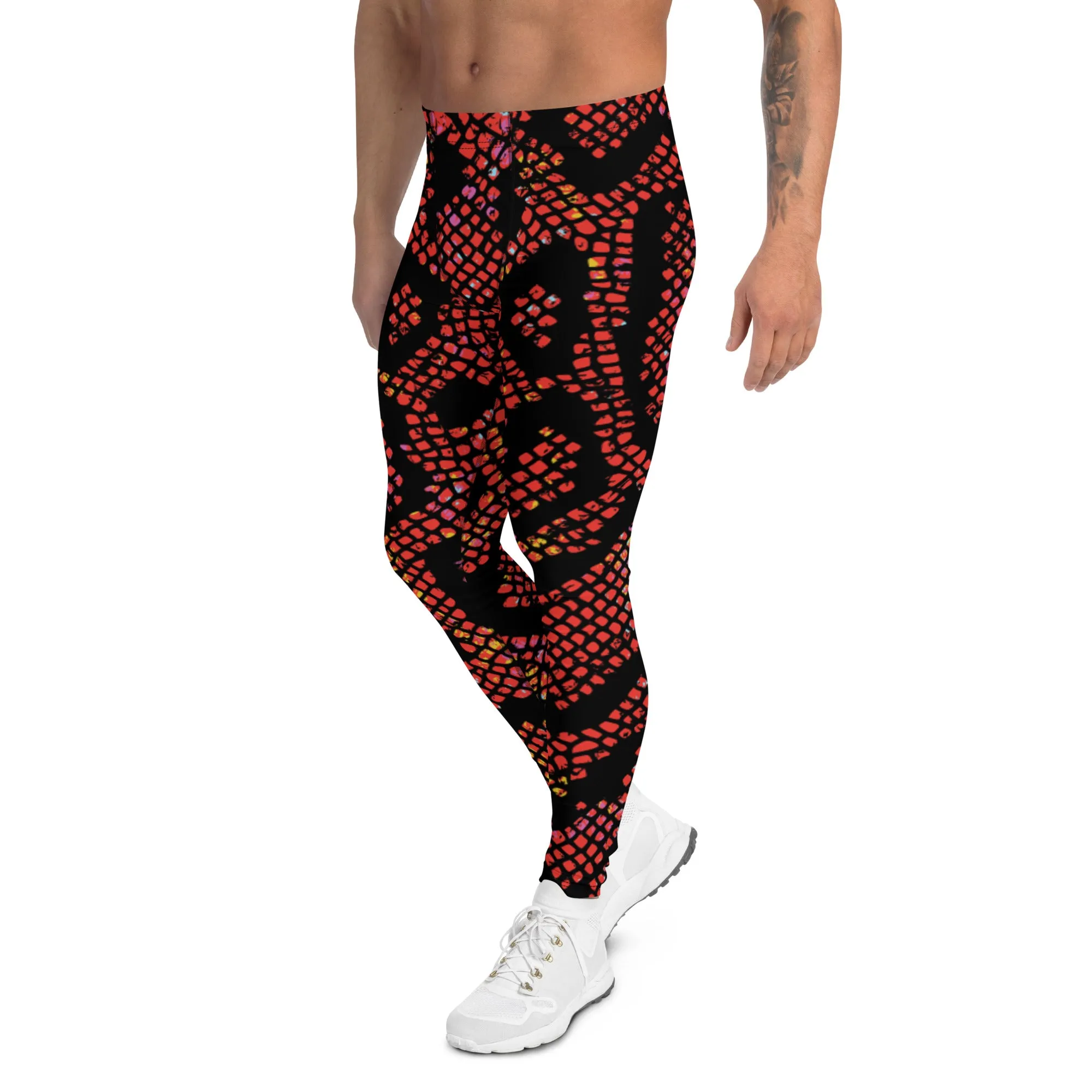 Red Snake Skin Print Meggings, Best Men's Leggings Designer Running Tights- Made in USA/EU/MX