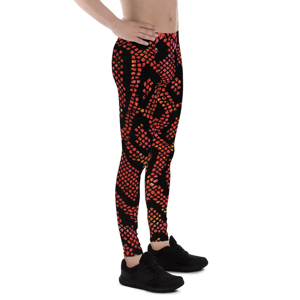 Red Snake Skin Print Meggings, Best Men's Leggings Designer Running Tights- Made in USA/EU/MX