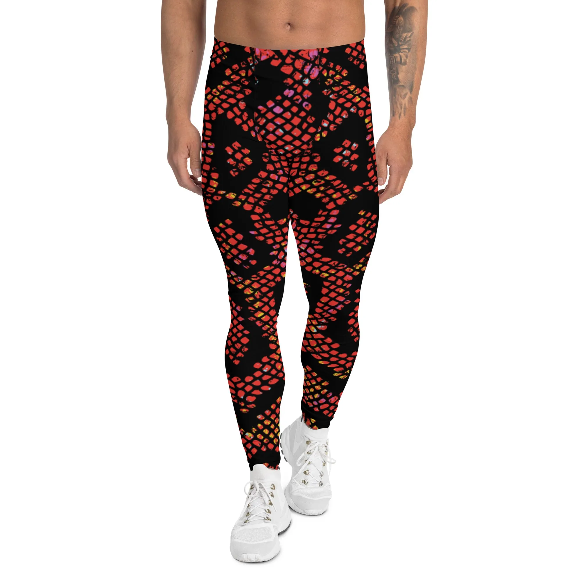 Red Snake Skin Print Meggings, Best Men's Leggings Designer Running Tights- Made in USA/EU/MX