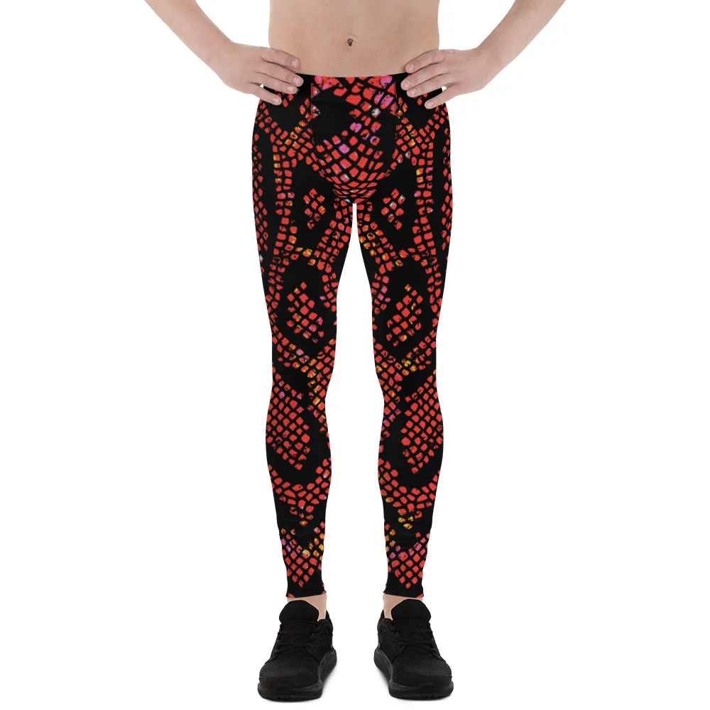 Red Snake Skin Print Meggings, Best Men's Leggings Designer Running Tights- Made in USA/EU/MX