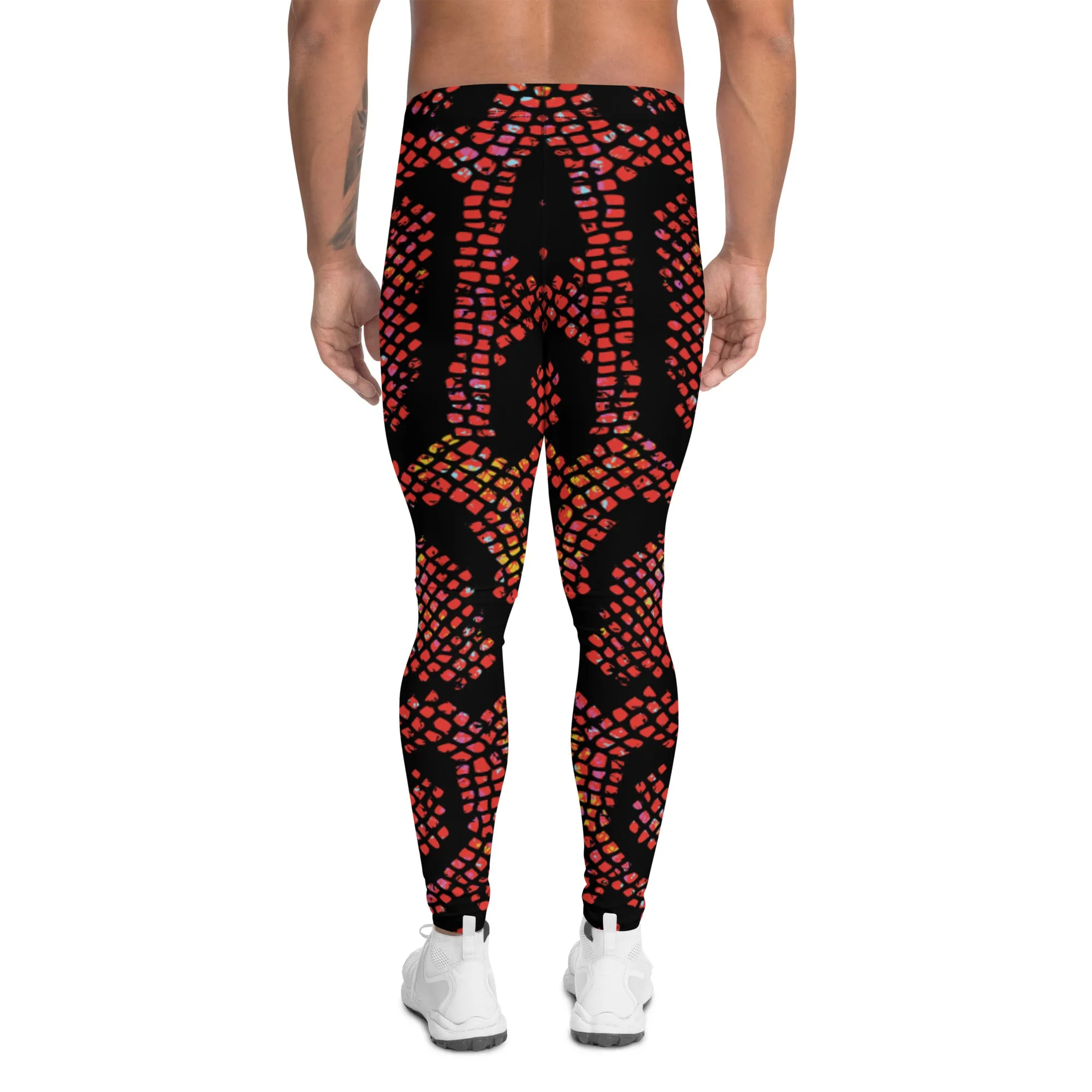 Red Snake Skin Print Meggings, Best Men's Leggings Designer Running Tights- Made in USA/EU/MX