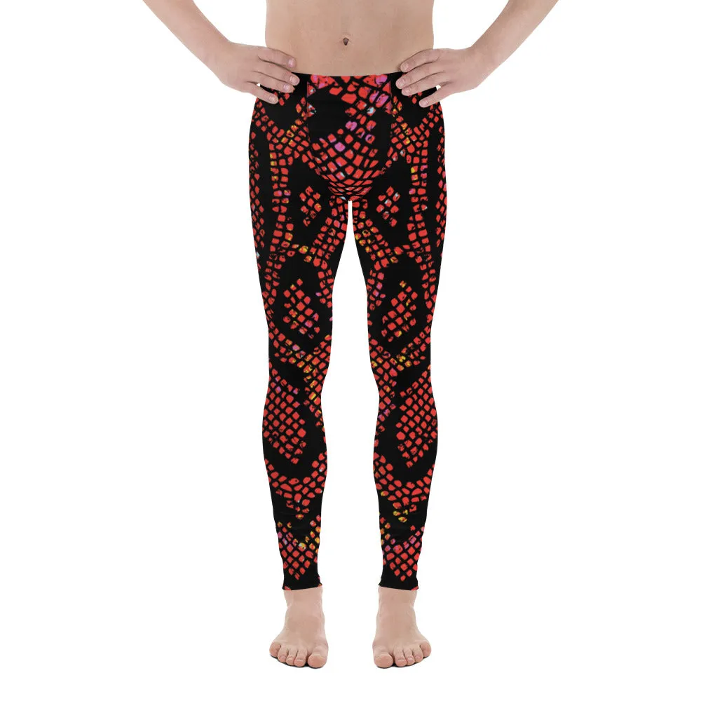 Red Snake Skin Print Meggings, Best Men's Leggings Designer Running Tights- Made in USA/EU/MX