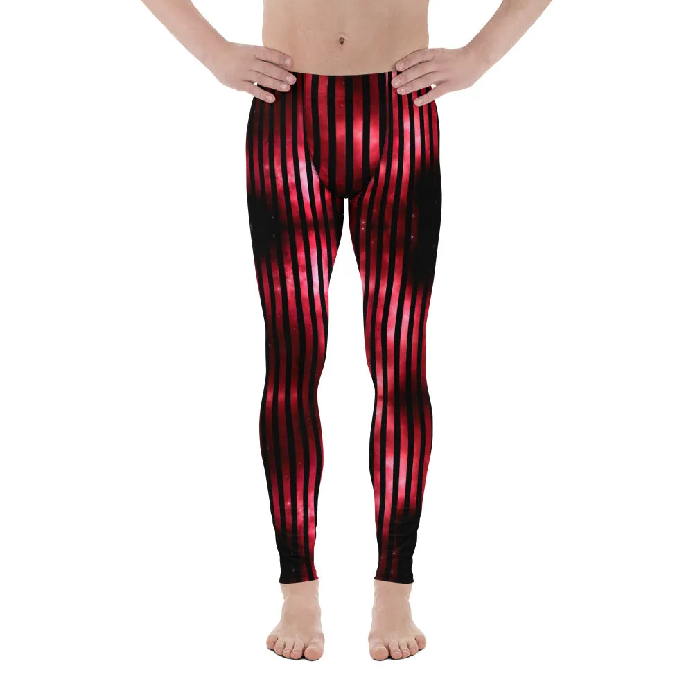 Red Striped Best Men's Leggings, Vertical Striped Meggings Compression Tights For Men- Made in USA/EU/MX