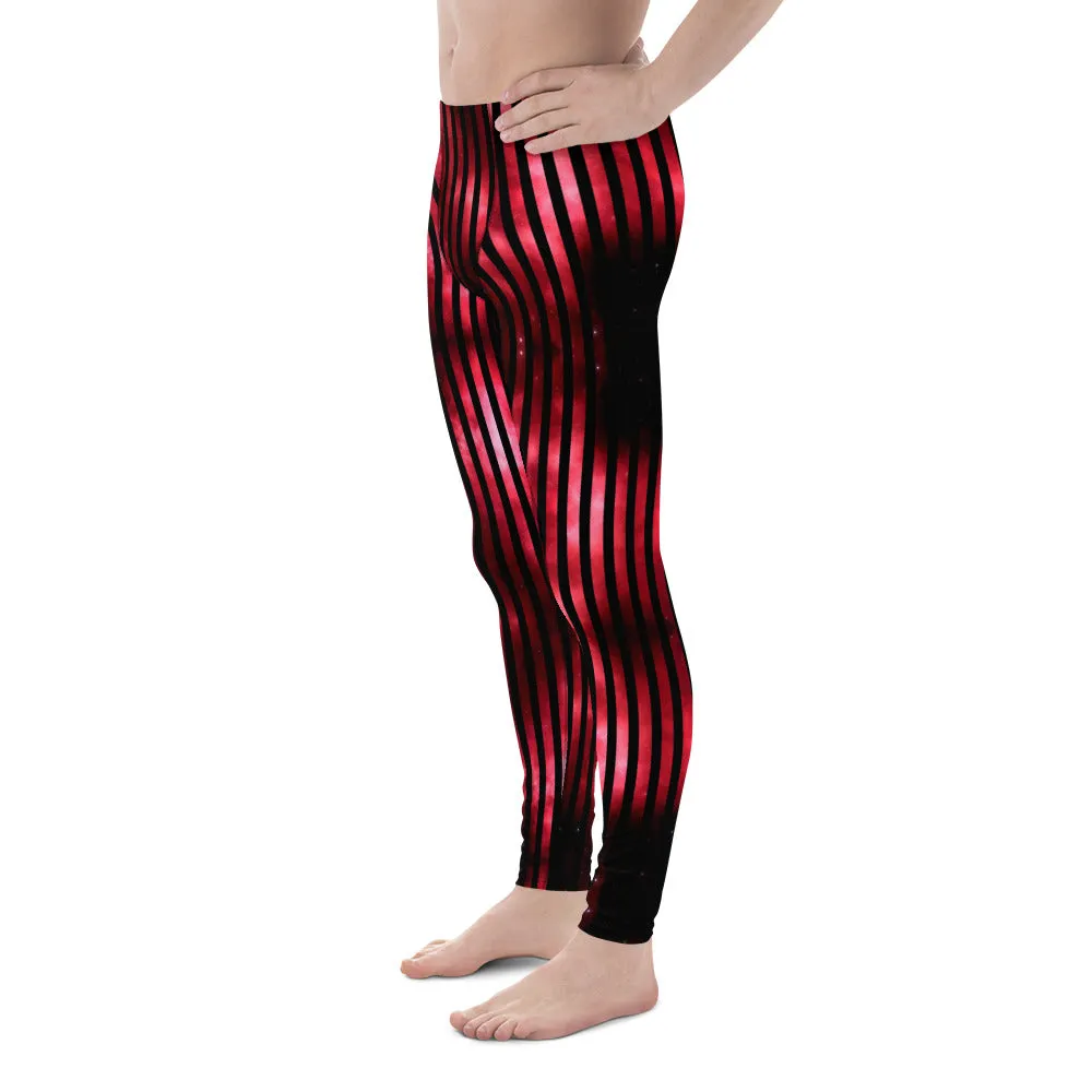 Red Striped Best Men's Leggings, Vertical Striped Meggings Compression Tights For Men- Made in USA/EU/MX