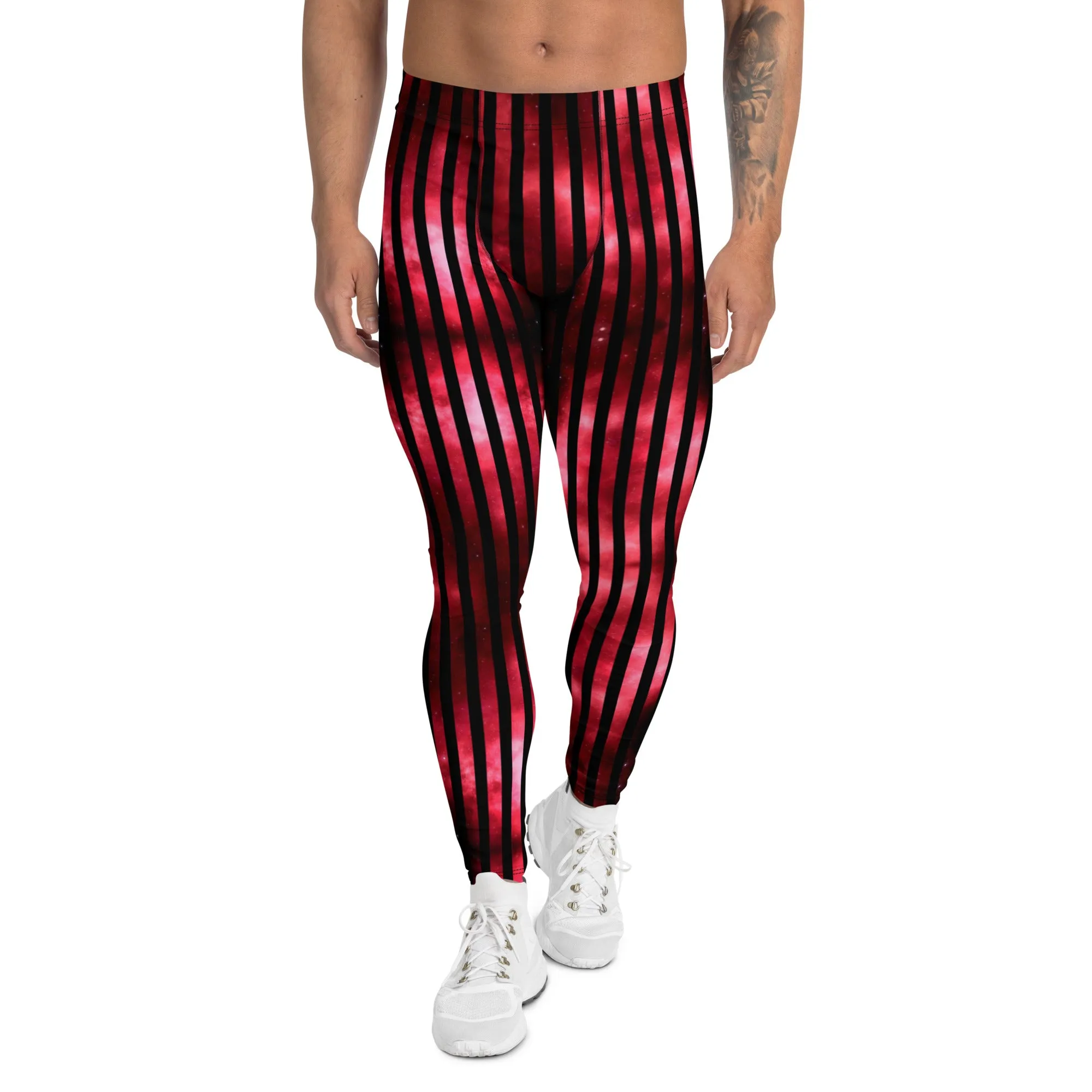 Red Striped Best Men's Leggings, Vertical Striped Meggings Compression Tights For Men- Made in USA/EU/MX