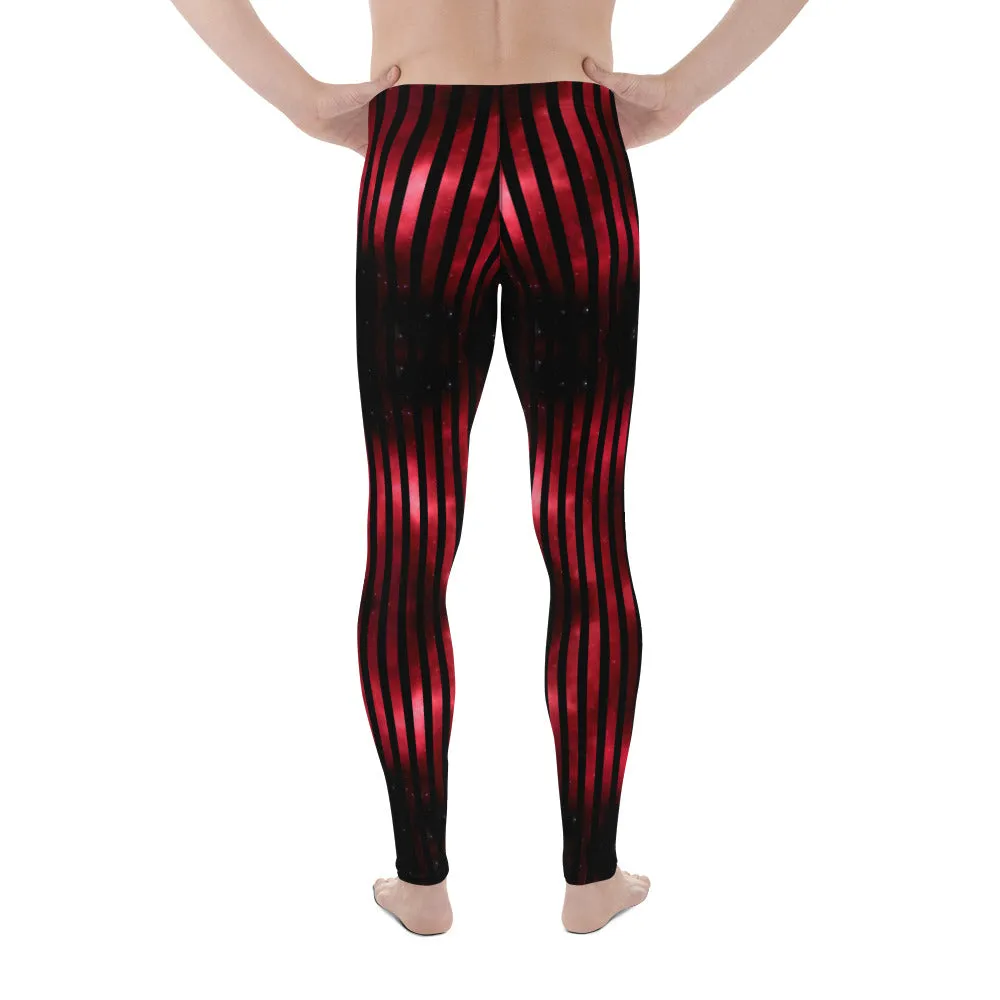 Red Striped Best Men's Leggings, Vertical Striped Meggings Compression Tights For Men- Made in USA/EU/MX