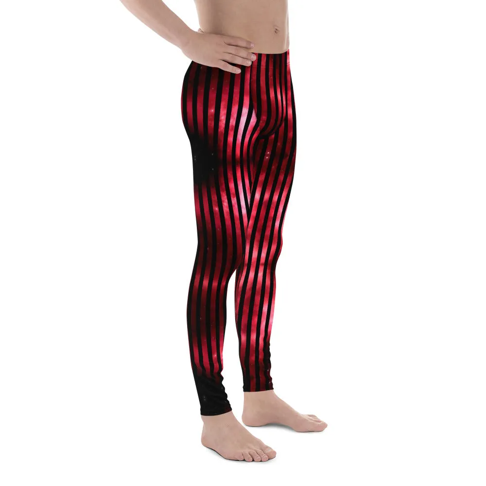 Red Striped Best Men's Leggings, Vertical Striped Meggings Compression Tights For Men- Made in USA/EU/MX