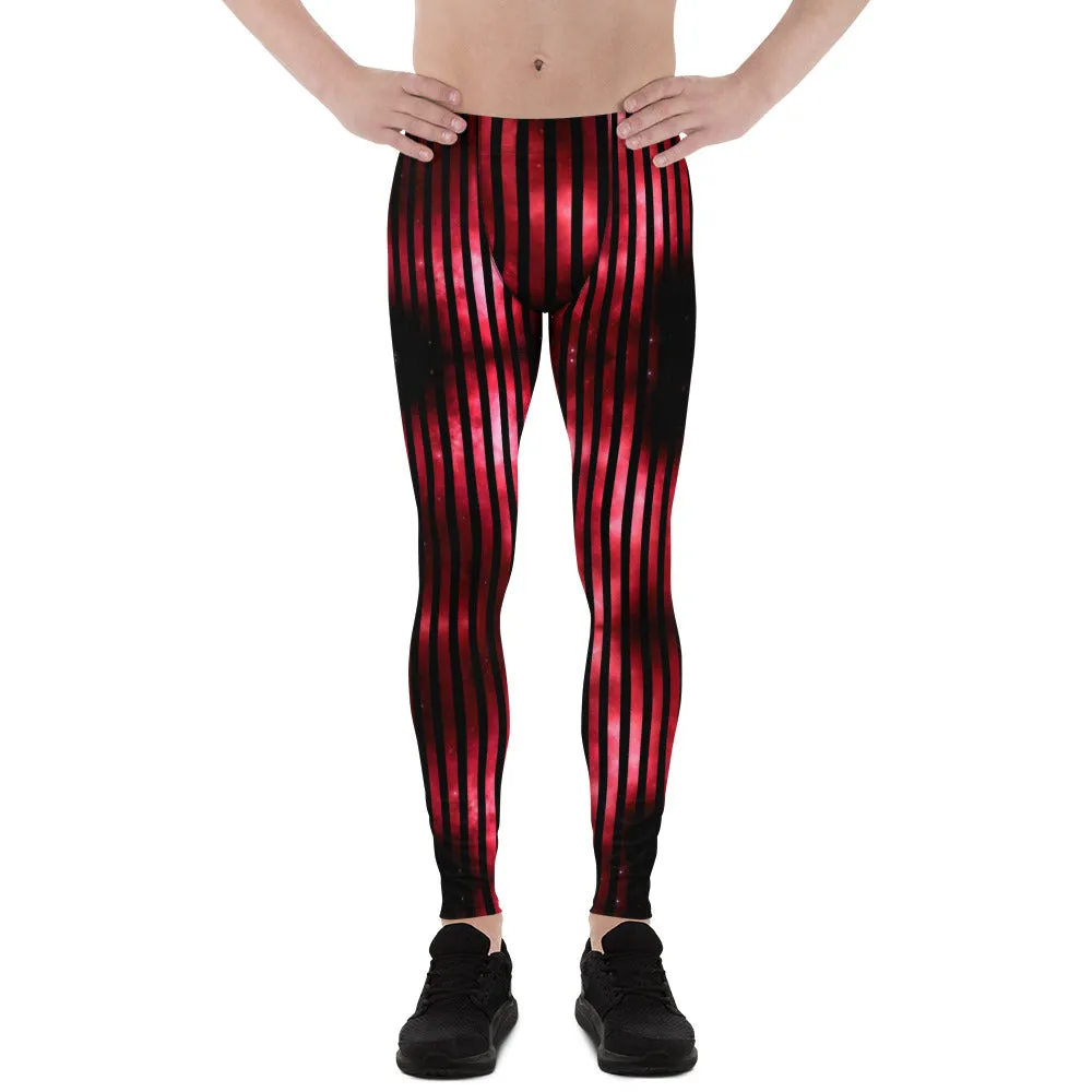 Red Striped Best Men's Leggings, Vertical Striped Meggings Compression Tights For Men- Made in USA/EU/MX