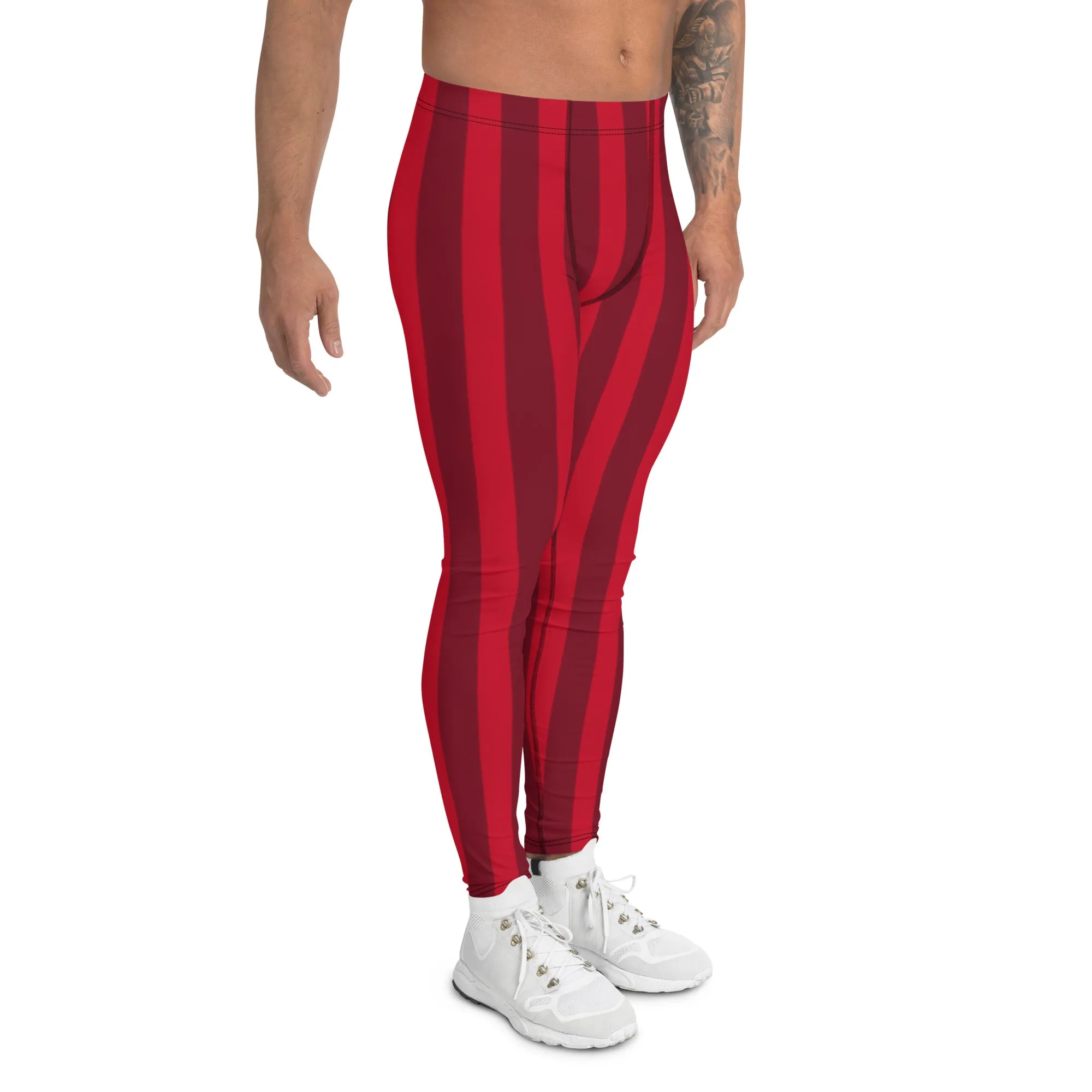 Red Striped Christmas Men's Leggings, Red Vertical Stripes Red Best Festive Best Holiday Tights For Men - Made in USA/EU/MX