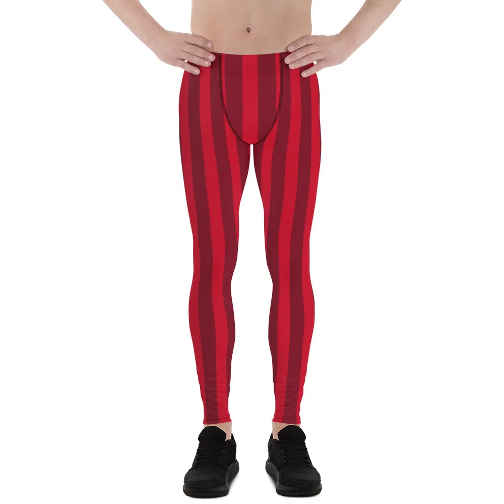 Red Striped Christmas Men's Leggings, Red Vertical Stripes Red Best Festive Best Holiday Tights For Men - Made in USA/EU/MX