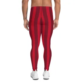 Red Striped Christmas Men's Leggings, Red Vertical Stripes Red Best Festive Best Holiday Tights For Men - Made in USA/EU/MX