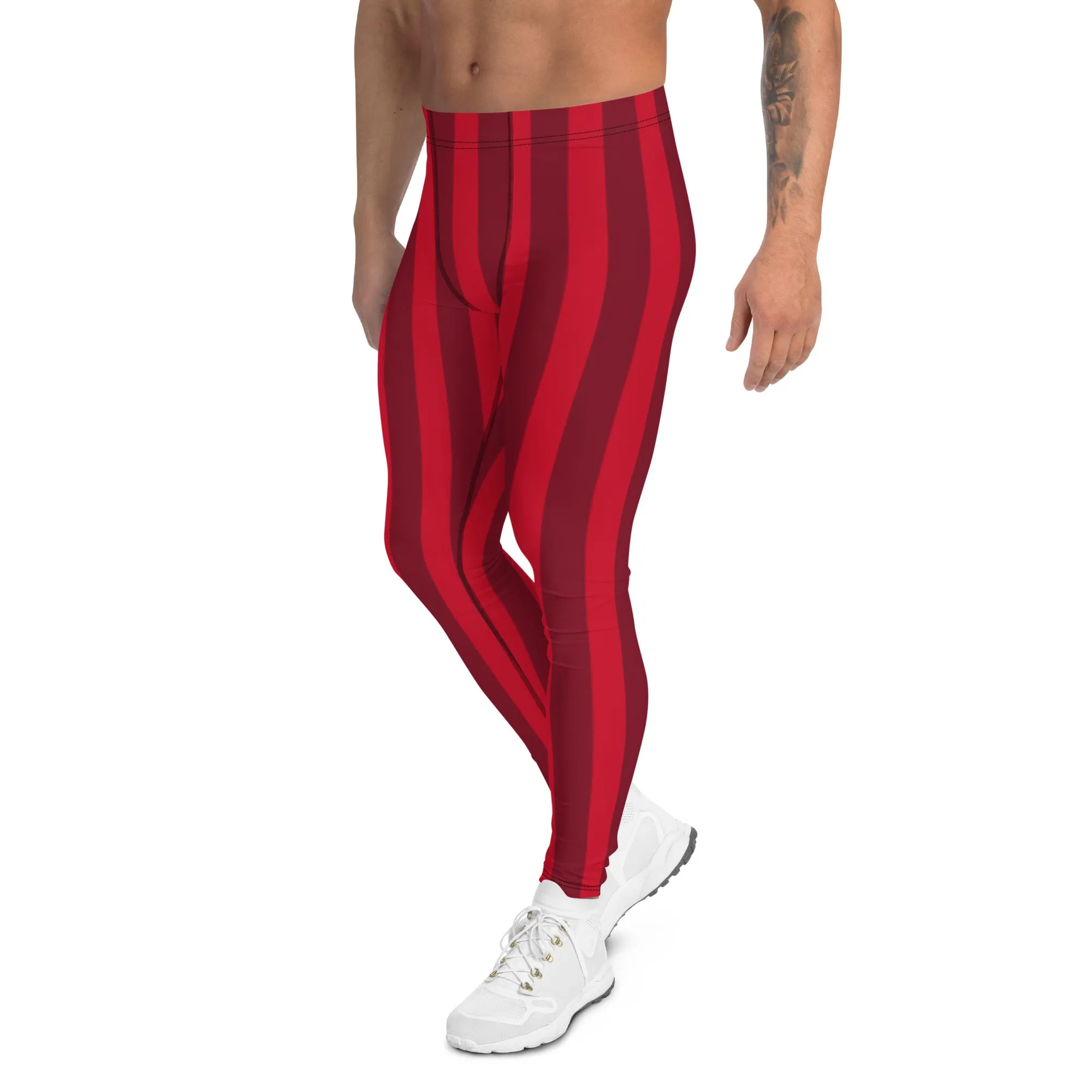 Red Striped Christmas Men's Leggings, Red Vertical Stripes Red Best Festive Best Holiday Tights For Men - Made in USA/EU/MX