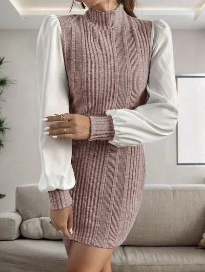 Ribbed Contrast Long Sleeve Sweater Dress