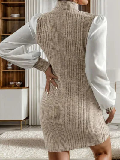 Ribbed Contrast Long Sleeve Sweater Dress