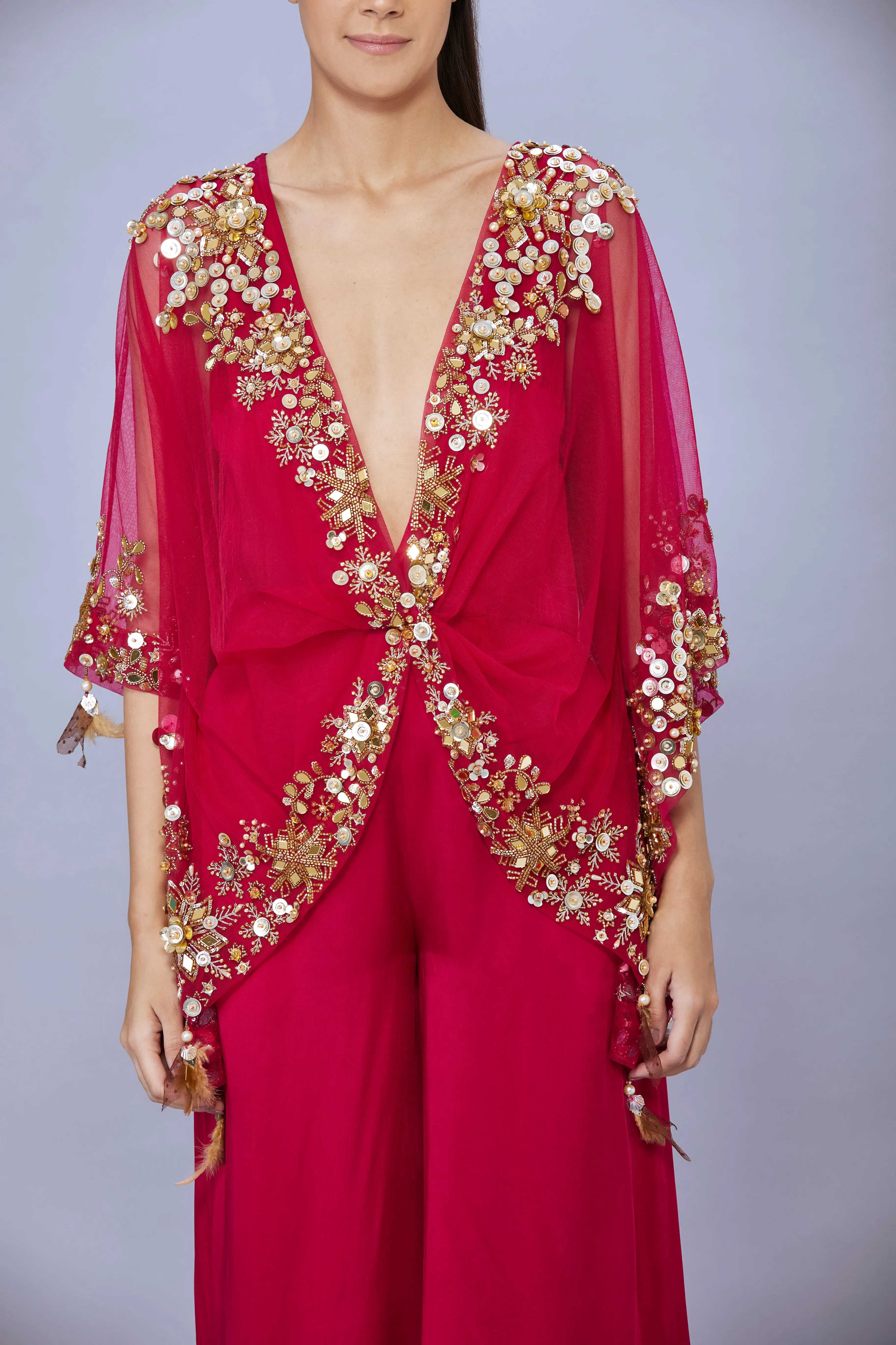 Ruby pink kaftan embroidered in mirrors & gold sequins & jumpsuit