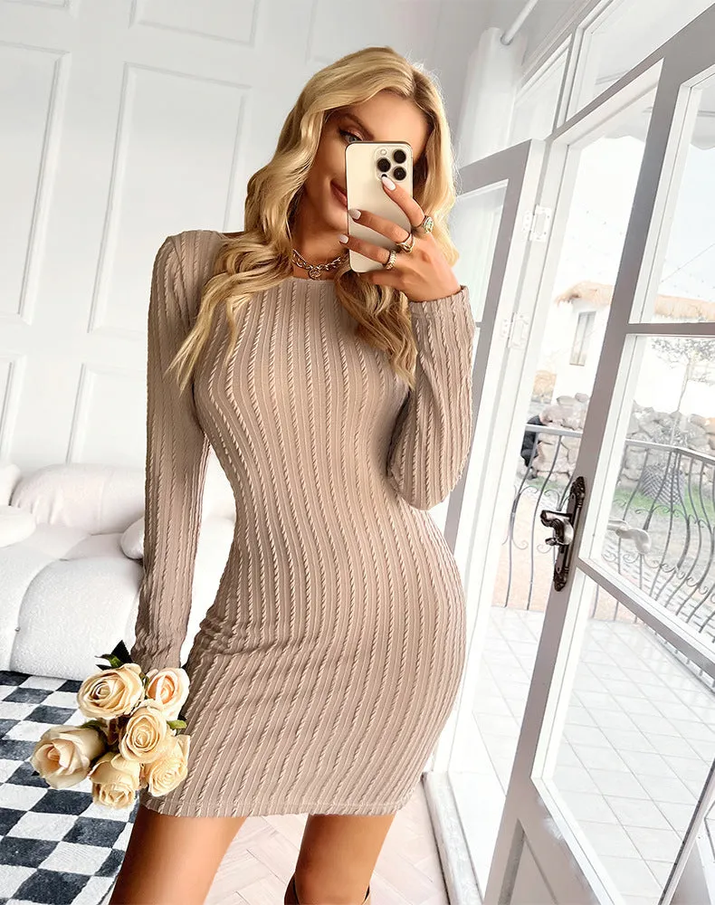 Sapphire Ribbed Square Neck Sweater Dress - Taupe