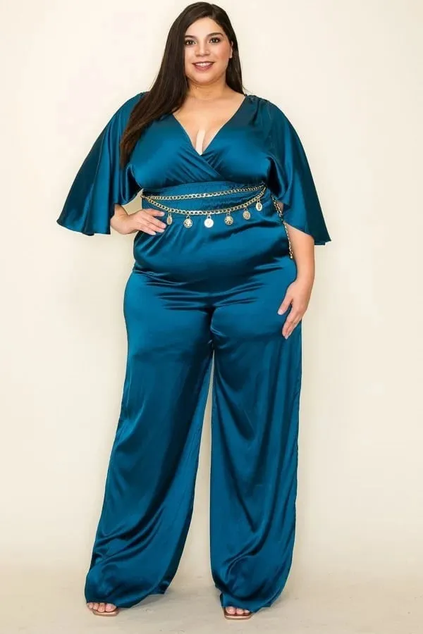 Satin wrap front short sleeve smocked waist jumpsuit