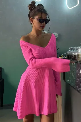 Sexy Deep V Neck Long Sleeve A Line Ribbed Knit Winter Party Mini Dress - Hot Pink