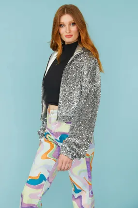 Silver Sequin Cropped Biker Jacket