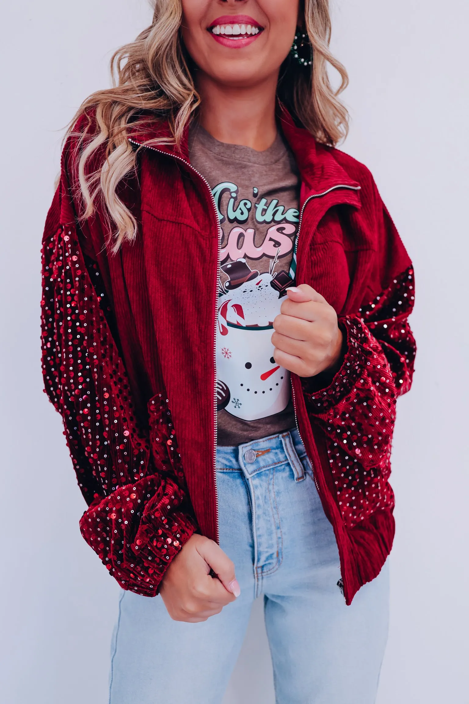 Sizzling Sequin Corduroy Jacket - Burgundy