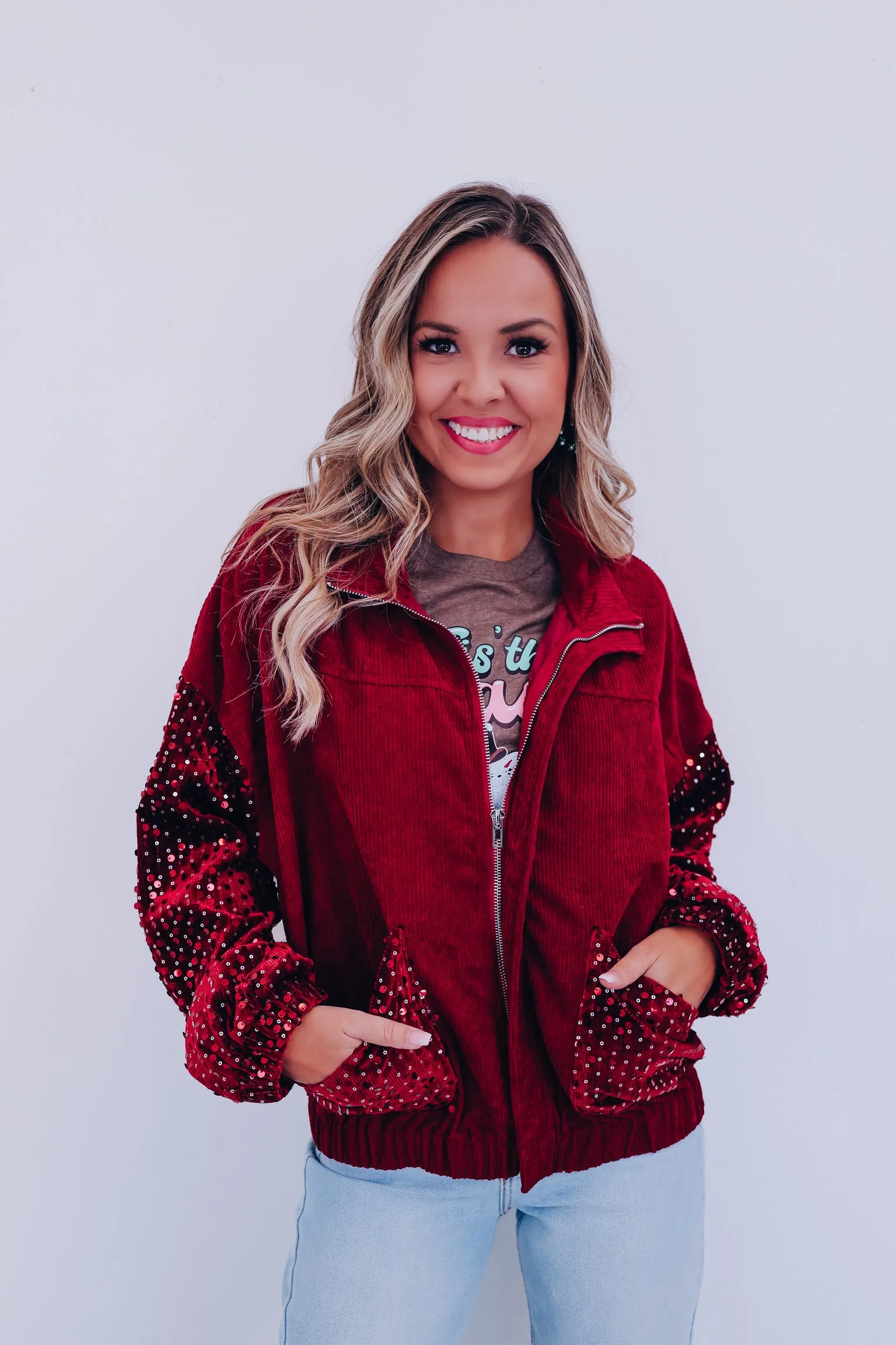 Sizzling Sequin Corduroy Jacket - Burgundy