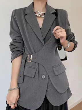 Solid Casual Loose Blazers For Women Notched Collar Long Sleeve Patchwork Button Minimalist Blazer Female Fashion