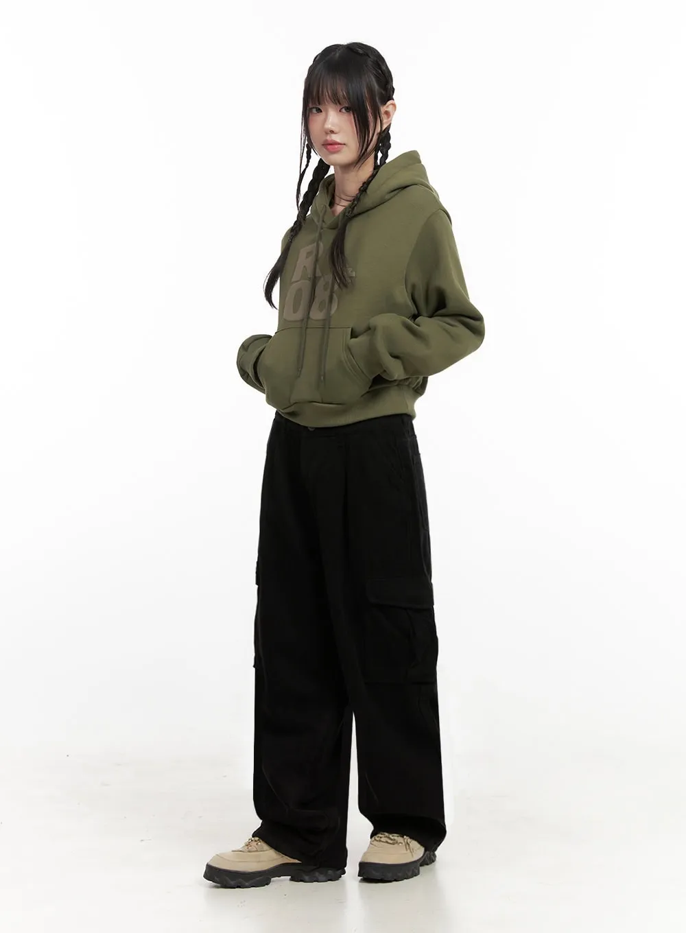 Solid Wide-Fit Cargo Pants ID402