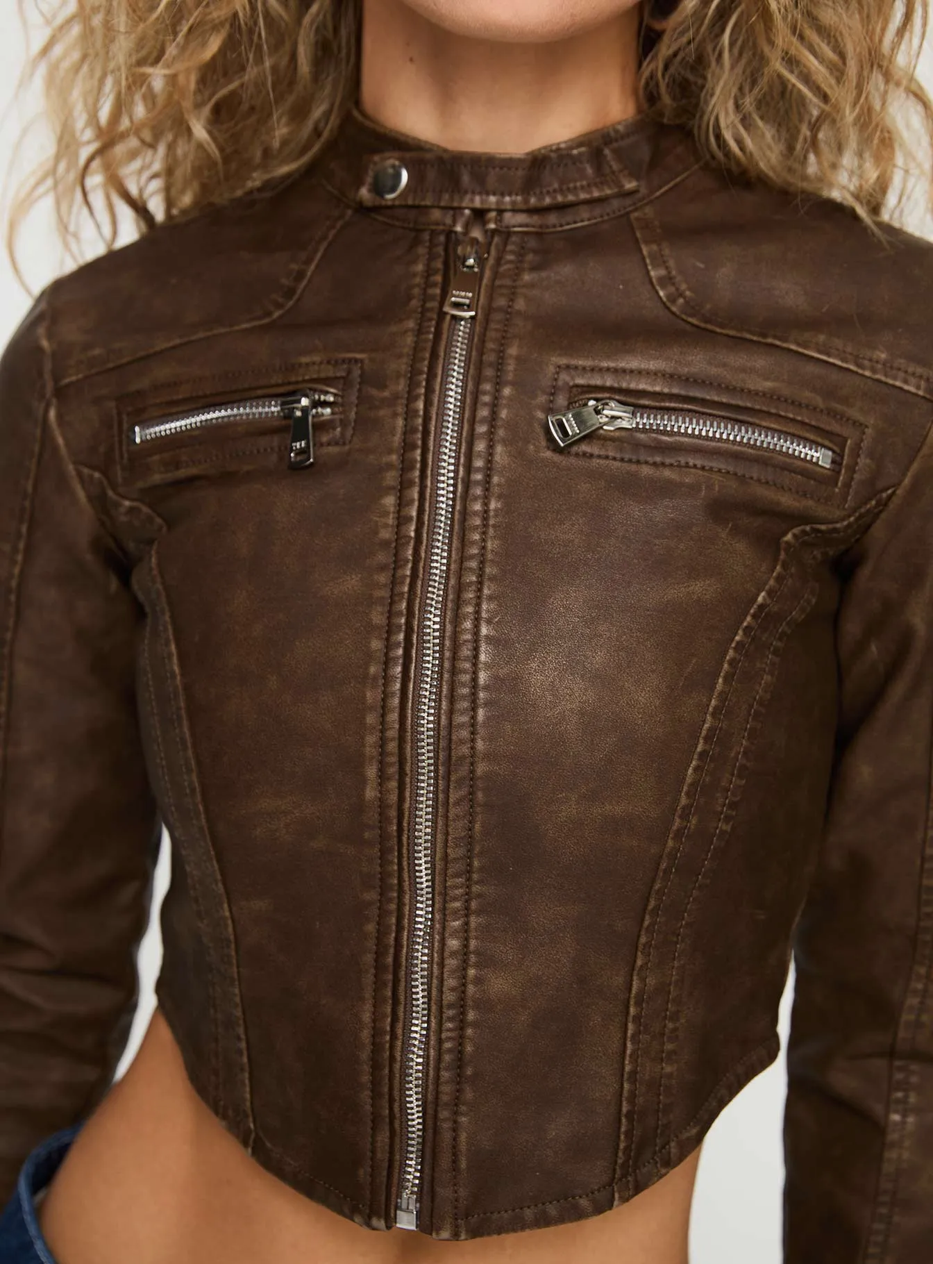 Soothing Faux Leather Biker Jacket Washed Brown