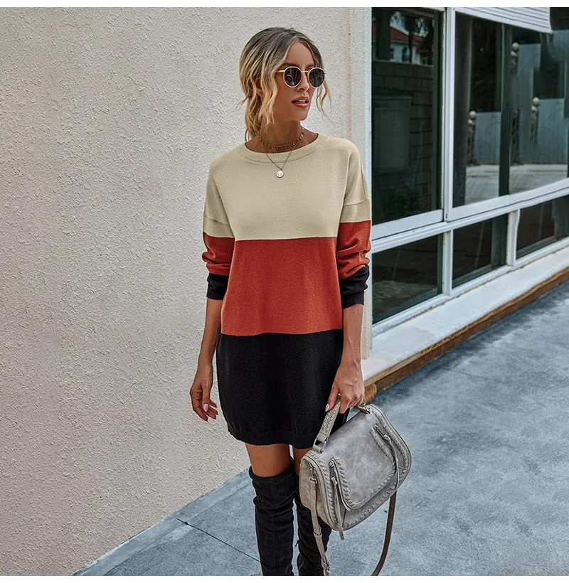 Striped Patchwork Slim Knitted  Sweater Dress