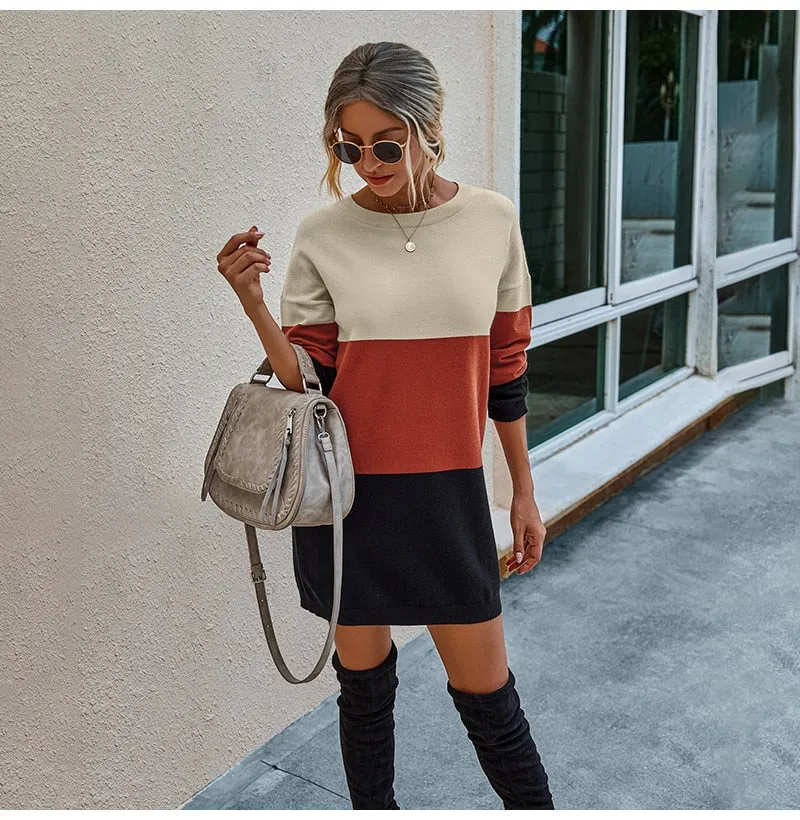 Striped Patchwork Slim Knitted  Sweater Dress