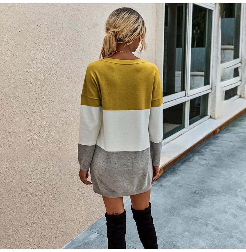 Striped Patchwork Slim Knitted  Sweater Dress